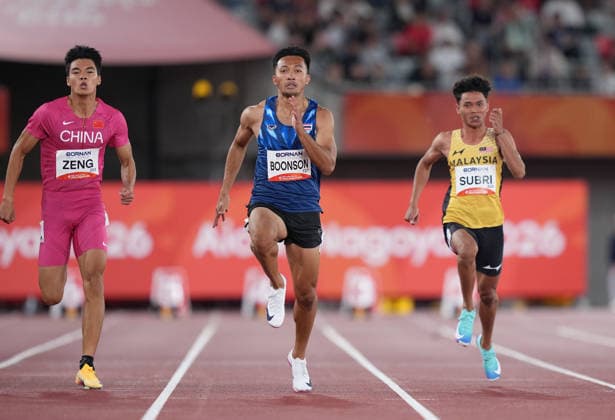 (260924) -- NAGOYA, Sept. 24, 2026 -- Zeng Keli (L) of China, Puripol Boonson (C) of Thailand and Muhammad Subri of Malaysia compete during the round 1 heat 1 match of men s 100m of Athletics at the 20th Asian Games Aichi-Nagoya 2026 in Nagoya, Japan, Sept. 24, 2026. ) (SP)JAPAN-NAGOYA-ASIAN GAMES-ATHLETICS-MEN S 100M LuixSiuxWai 