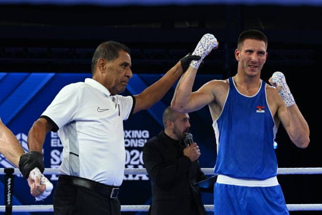 RECORD DATE NOT STATED 2026 European Boxing Elite Championship Sofia SOFIA, BULGARIA SEPTEMBER 24: Pavlo Illiusha (Red) of Ukraine in action against Rastko Simic (Blue) of Serbia during their Elite Men s 80kg Semifinal match at the 2026 European Boxing Elite Championships at the Asics Arena Sports Hall in Sofia, Bulgaria, on September 24, 2026. Sofia Bulgaria  Copyright: xArturxWidakx originalFilename:widak-2026euro260924_npfr5.jpg