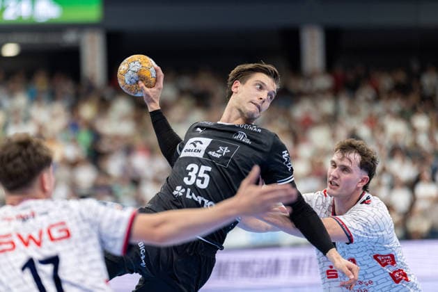 TV Hüttenberg - THW Kiel, DHB-Pokal Domen Makuc (THW Kiel, 35), David Sehnke (TV Hüttenberg, 4), Phil Spandau (TV Hüttenberg, 17) DHB-Pokalspiel der 2. Runde zwischen dem TV Hüttenberg und dem THW Kiel am 23. September 2026 in der Buderus-Arena in Wetzlar., Wetzlar Hessen Deutschland Buderus-Arena