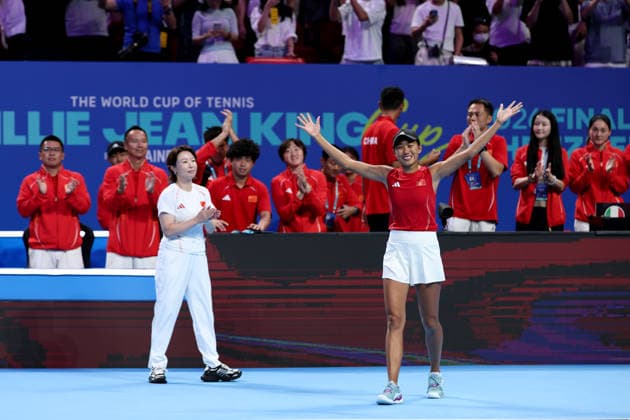 (260924) -- SHENZHEN, Sept. 24, 2026 -- Zhang Shuai (R) of China celebrates after defeating Elisabetta Cocciaretto of Italy during the quarterfinal match between China and Italy at the 2026 Billie Jean King Cup Finals in Shenzhen, south China s Guangdong Province, Sept. 24, 2026. ) (SP)CHINA-SHENZHEN-TENNIS-BILLIE JEAN KING CUP-CHINA VS ITALY (CN) MaoxSiqian 