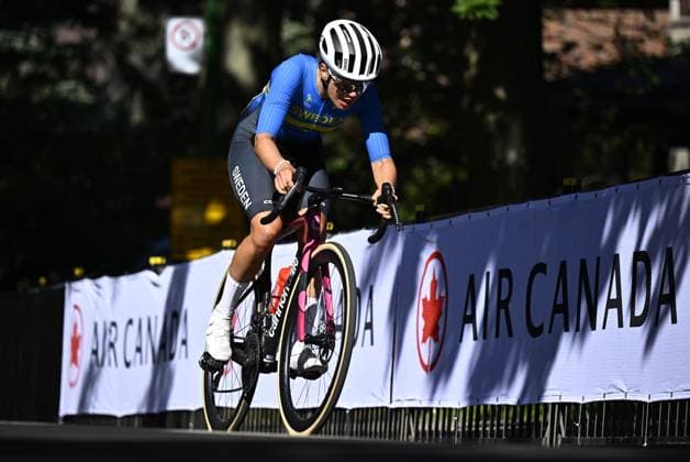 French Bastian Laffitte pictured in action during the Junior Men race (134km) at the cycling World Championship, WM, Weltmeisterschaft in Montreal, Canada, Thursday 24 September 2026. The UCI road world championships are taking place from 20 to 27 September, in Montreal, Canada. JASPERxJACOBS  x187691785x