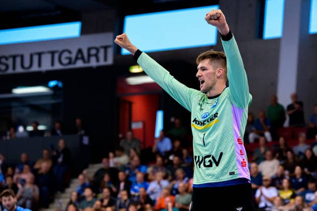Stuttgart: HBL - 26 27 - DHB-Pokal - TVB Stuttgart - HC Erlangen Torhueter Mateusz Kornecki (Stuttbart) Jubel Freude Emotion Stuttgart Scharrena Baden-Württemberg Deutschland