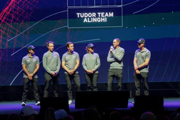 THE LOUIS VUITTON 38TH AMERICA™S CUP PRELIMINARY REGATTA, NAPLES Alinghi teams during the presentation team on stage on the seafront on 24 September 2026. ABP11973 Copyright: xAntonioxBalascox