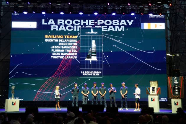 THE LOUIS VUITTON 38TH AMERICA™S CUP PRELIMINARY REGATTA, NAPLES La Roche-Posay racing team during the presentation team on stage on the seafront on 24 September 2026. ABP12005 Copyright: xAntonioxBalascox