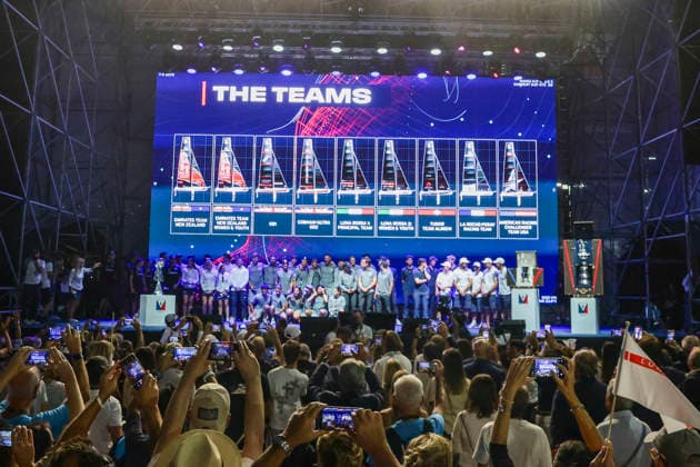 THE LOUIS VUITTON 38TH AMERICA™S CUP PRELIMINARY REGATTA, NAPLES The presentation team on stage on the seafront on 24 September 2026. ABP12088 Copyright: xAntonioxBalascox
