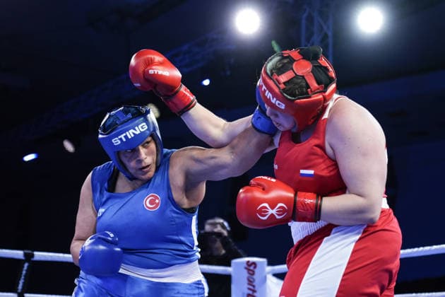 2026 European Boxing Championships SOFIA, BULGARIA - SEPTEMBER 24: Havvanur Kethuda (blue) of Turkiye competes against Kseniia Olifirenko of Russia (red) in the women s 80kg category during the 2026 European Boxing Championships at Asics Arena in Sofia, Bulgaria, on September 24, 2026. Osmancan Gurdogan Anadolu Sofia Bulgaria. Editorial use only. Please get in touch for any other usage.  Copyright: x2026xAnadoluxOsmancanxGurdoganx