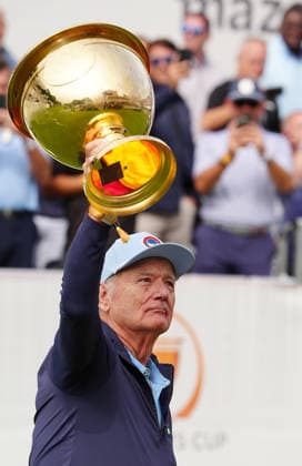 MEDINAH, IL - SEPTEMBER 24: Actor Bill Murray carries the Presidents Cup to the first tee during the Opening Ceremony before the start of the first round of the 2026 Presidents Cup at Medinah Country Club in Medinah, Illinois. (Photo by Brian Spurlock Icon Sportswire) GOLF: SEP 24 Presidents Cup EDITORIAL USE ONLY Icon2609248