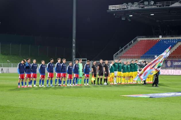 Liechtenstein und Litauen vor Spielbeginn , Liechtenstein, UEFA , Nations League, 1. Spieltag, Liechtenstein vs. Litauen, 24.09.2026, Vaduz Rheinpark Stadion Liechtenstein Copyright: xGrantxHubbsx