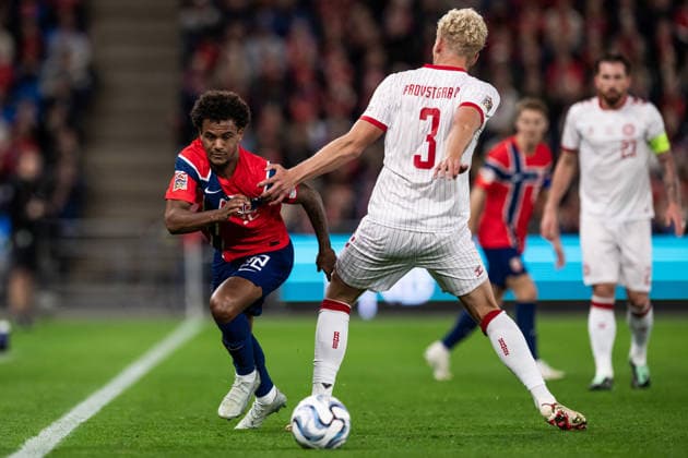 260924 Antonio Nusa of Norway during the Nations League football match between Norway and Denmark on September 24, 2026 in Oslo. Photo: Vegard Grott BILDBYRAN kod VG VG1005 bbeng fotboll football soccer fotball nations league landskamp norge norway danmark denmark Copyright: VEGARDxGRoTT BB260924VG029