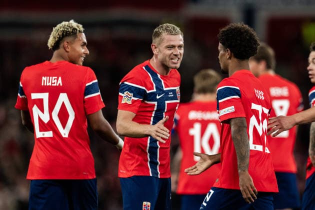 260924 Oscar Bobb of Norway celebrates with teammates after scoring 1-0 during the Nations League football match between Norway and Denmark on September 24, 2026 in Oslo. Photo: Vegard Grott BILDBYRAN kod VG VG1005 bbeng fotboll football soccer fotball nations league landskamp norge norway danmark denmark celebration jubel Copyright: VEGARDxGRoTT BB260924VG031