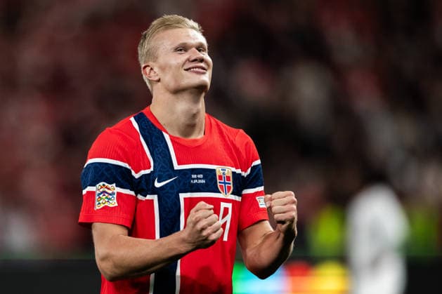 260924 Erling Braut Haaland of Norway celebrates after scoring 2-0 during the Nations League football match between Norway and Denmark on September 24, 2026 in Oslo. Photo: Marius Simensen BILDBYRAN COP 238 VG1005 bbeng fotboll football soccer fotball nations league landskamp norge norway danmark denmark celebration jubel Copyright: MARIUSxSIMENSEN BB260924ZM003