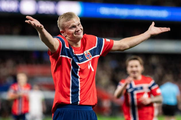 260924 Erling Braut Haaland of Norway celebrates after scoring 2-0 during the Nations League football match between Norway and Denmark on September 24, 2026 in Oslo. Photo: Marius Simensen BILDBYRAN COP 238 VG1005 bbeng fotboll football soccer fotball nations league landskamp norge norway danmark denmark celebration jubel Copyright: MARIUSxSIMENSEN BB260924ZO002