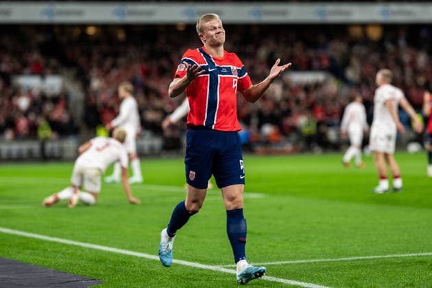 260924 Erling Braut Haaland of Norway celebrates after scoring 2-0 during the Nations League football match between Norway and Denmark on September 24, 2026 in Oslo. Photo: Marius Simensen BILDBYRAN COP 238 VG1005 bbeng fotboll football soccer fotball nations league landskamp norge norway danmark denmark celebration jubel Copyright: MARIUSxSIMENSEN BB260924ZR004