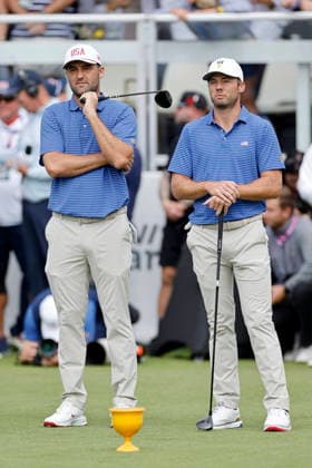MEDINAH, IL - SEPTEMBER 24: Scottie Scheffler and Sam Burns of the United States look on prior to Thursday s Four-ball matches on day one of the Presidents Cup 2026 on September 24, 2026 at Medinah Country Club in Medinah, Illinois. (Photo by Joe Robbins Icon Sportswire) GOLF: SEP 24 Presidents Cup EDITORIAL USE ONLY Icon573260924008