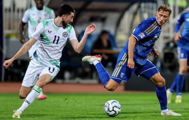 UEFA Nations League Group Stage, Fadil Vokrri Stadium, Pristina, Kosovo 24 9 2026 Kosovo vs Republic of Ireland Ireland s Finn Azaz and MÃ«rgim Vojvoda of Kosovo Finn Azaz and MÃ«rgim Vojvoda 24 9 2026  Copyright: xx RB1_5470