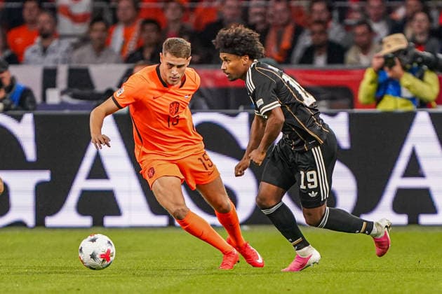 2026-09-24 Netherlands v Germany - Nations League AMSTERDAM, NETHERLANDS - SEPTEMBER 24: Micky van de Ven of the Netherlands, Karim Adeyemi of Germany during the Nations League match between Netherlands and Germany at Johan Cruijff ArenA Amsterdam Johan Cruijff ArenA Netherlands Content not available for redistribution in The Netherlands directly or indirectly through any third parties. Copyright: xAndrexWeeningx