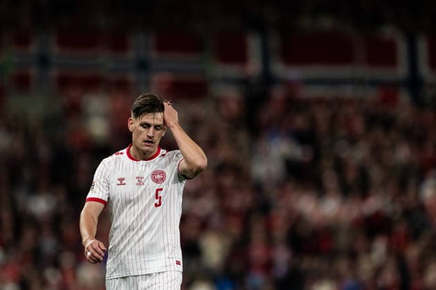 260924 Joakim Maehle of Denmark during the Nations League football match between Norway and Denmark on September 24, 2026 in Oslo. Photo: Vegard Grott BILDBYRAN kod VG VG1005 bbeng fotboll football soccer fotball nations league landskamp norge norway danmark denmark Copyright: VEGARDxGRoTT BB260924VG033