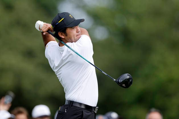 MEDINAH, IL - SEPTEMBER 24: Hideki Matsuyama of Japan and the International Team hits a drive at the second hole during Thursday s Four-ball matches on day one of the Presidents Cup 2026 on September 24, 2026 at Medinah Country Club in Medinah, Illinois. (Photo by Joe Robbins Icon Sportswire) GOLF: SEP 24 Presidents Cup EDITORIAL USE ONLY Icon573260924022