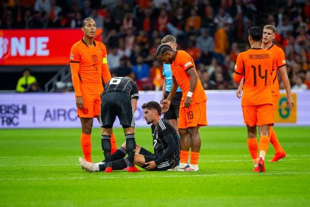 Fußball, Herren, Saison 2026 27, UEFA Nations League (Liga A, Gruppe 2, 1. Spieltag) in Amsterdam, Niederlande - Deutschland, Kai Havertz (Deutschland) am Boden, 24.09.2026, Copyright: xMatthiasxKochx