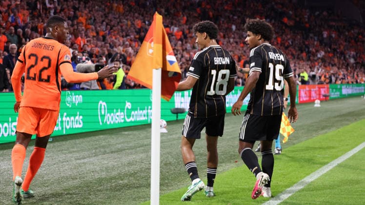 24.09.2026, xrekx, Fussball UEFA Nations League, Niederlande - Deutschland v.l. Torjubel nach dem Tor zum celebrating the goal celebrate 0:1 durch Felix Nmecha (Deutschland) Denzel Dumfries (Niederlande) Joey Veerman (Niederlande) Quinten Timber (Niederlande) Amsterdam