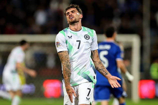 UEFA Nations League Group Stage, Fadil Vokrri Stadium, Pristina, Kosovo 24 9 2026 Kosovo vs Republic of Ireland Ireland s Troy Parrott reacts to a missed chance Troy Parrott reacts to a missed chance 24 9 2026  Copyright: xx RB1_6419