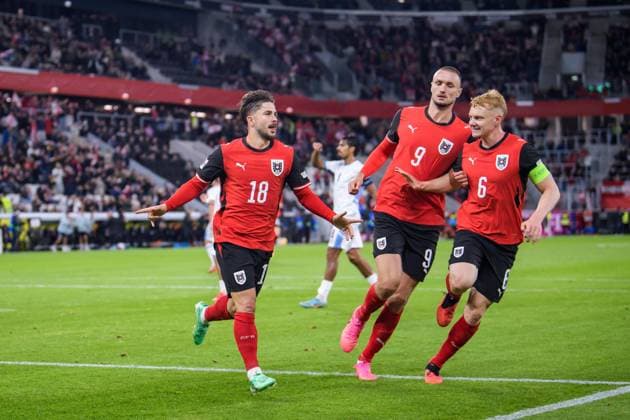 SOCCER - NL, AUT vs ISR LINZ,AUSTRIA,24.SEP.26 - SOCCER - UEFA Nations League, group stage, OEFB international match, Länderspiel, Nationalmannschaft Austria vs Israel. Image shows the rejoicing of Romano Schmid (AUT).  GEPAxpictures xChristianxMoser