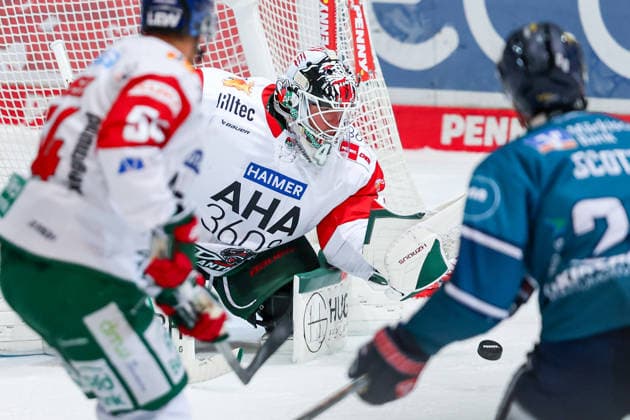 2026.09.24, xkwix, Eishockey, DEL, Iserlohn Roosters - Augsburger Panther, Eissporthalle am Seilersee, 3.Spieltag, Saison 2026 2027: Peyton Jones (Augsburger Panther 41) haelt den Puck Photo: xKamilxWilkowskixPressefotoKochx Nordrhein-Westfalen Deutschland