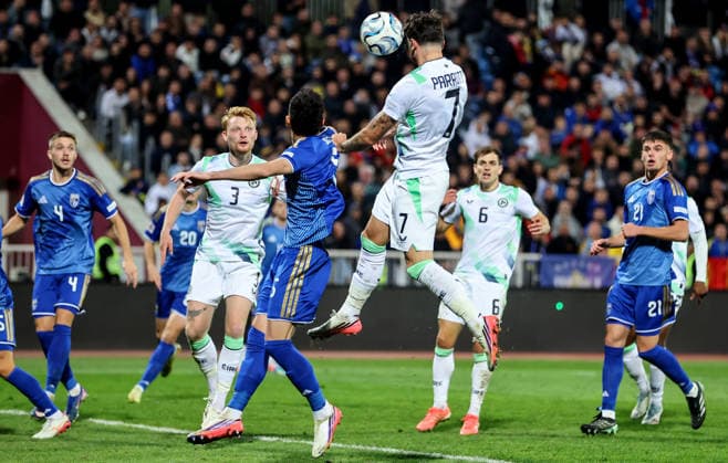 UEFA Nations League Group Stage, Fadil Vokrri Stadium, Pristina, Kosovo 24 9 2026 Kosovo vs Republic of Ireland Ireland s Troy Parrott has a shot on goal Troy Parrott has a shot on goal 24 9 2026  Copyright: xx RB2_2330