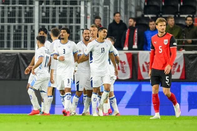 SOCCER - NL, AUT vs ISR LINZ,AUSTRIA,24.SEP.26 - SOCCER - UEFA Nations League, group stage, OEFB international match, Länderspiel, Nationalmannschaft Austria vs Israel. Image shows the rejoicing of ISR.  GEPAxpictures xDanielaxMoser