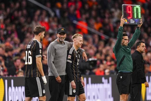 AMSTERDAM , 24-09-2026 , JohanCruyff Arena , season 2026 2027 , UEFA Nations League football , Match between The Netherlands and Germany , picture shows Germany trainer coach Jurgen Klopp and Germany player Chris Fuhrich Netherlands - Germany  x207515855x Copyright: