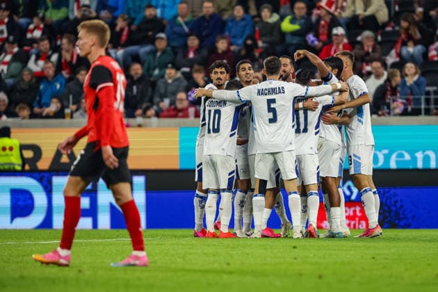 SOCCER - NL, AUT vs ISR LINZ,AUSTRIA,24.SEP.26 - SOCCER - UEFA Nations League, group stage, OEFB international match, Länderspiel, Nationalmannschaft Austria vs Israel. Image shows the rejoicing of the team Israel.  GEPAxpictures xManuelxBinder