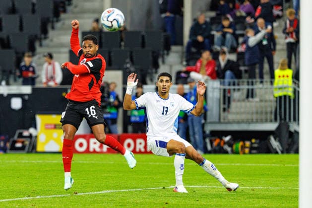 LINZ, AUSTRIA - 24 SEPTEMBER 2026: Image shows Mwene Phillipp (Austria, 16) celebrating the second goal for Austria and Khalaili Anan (Israel, 17) during UEFA Nations League 2026 27 League B, Group B3, Round 1: Austria vs Israel at Raiffeisen Arena on 24 09 2026 in Linz, Austria. Austria Copyright: xFröhlichxPascalx