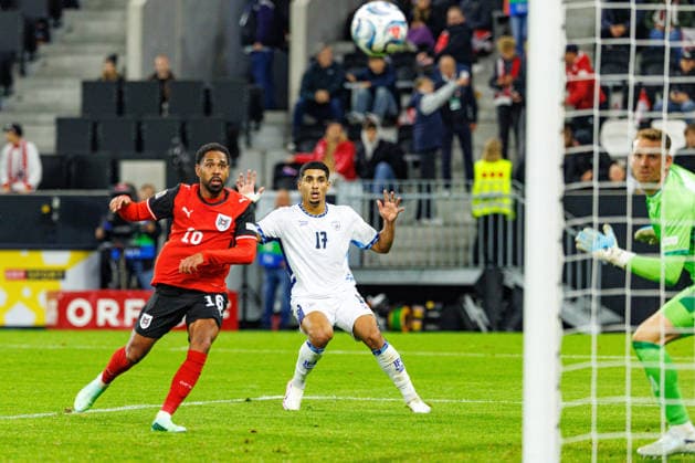 LINZ, AUSTRIA - 24 SEPTEMBER 2026: Image shows Mwene Phillipp (Austria, 16) celebrating the second goal for Austria and Khalaili Anan (Israel, 17) during UEFA Nations League 2026 27 League B, Group B3, Round 1: Austria vs Israel at Raiffeisen Arena on 24 09 2026 in Linz, Austria. Austria Copyright: xFröhlichxPascalx