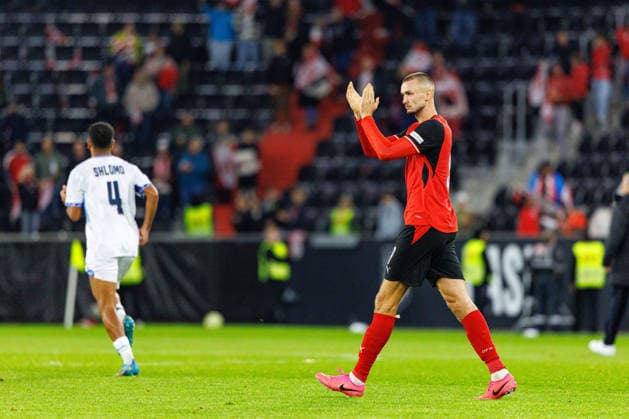 LINZ, AUSTRIA - 24 SEPTEMBER 2026: Image shows the celebration of KalajdÅ¾iÄ‡ SaÅ¡a (Austria, 9) during UEFA Nations League 2026 27 League B, Group B3, Round 1: Austria vs Israel at Raiffeisen Arena on 24 09 2026 in Linz, Austria. Austria Copyright: xFröhlichxPascalx