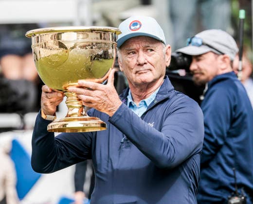 Actor and comedian Bill Murray delivers the Presidents Cup trophy during opening ceremonies for the Presidents Cup golf tournament at Medinah Country Club in Medinah, Illinois on Thursday, September 24, 2026.  MED20260924804 TANNENxMAURY