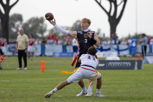 03 german player throws the ball, U17, U 17 Boys Germany vs Spain IFAF European Youth Championships 2026, 24.09.2026 Lido Delle Nazioni Lido Delle Nazioni Italia Copyright: xPFA BjörnxKeckerx