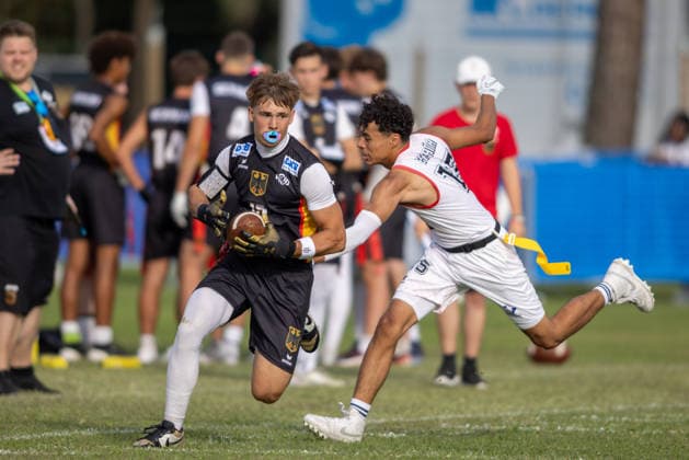 german player runs with the ball, U17, U 17 Boys Germany vs Spain IFAF European Youth Championships 2026, 24.09.2026 Lido Delle Nazioni Lido Delle Nazioni Italia Copyright: xPFA BjörnxKeckerx