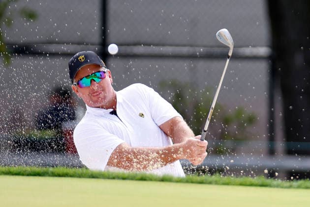 MEDINAH, IL - SEPTEMBER 24: Ryan Fox of New Zealand hits from a green side bunker on No. 5 during the opening four ball session of the Presidents Cup, September 24, 2026, at Medinah Country Club in Medinah, Illinois. (Photo by Matthew Maxey Icon Sportswire) GOLF: SEP 24 Presidents Cup EDITORIAL USE ONLY Icon260924017