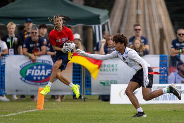 touchdown catch from the great britian player, U17, U 17 Boys Germany vs Great Britain IFAF European Youth Championships 2026, 24.09.2026 Lido Delle Nazioni Lido Delle Nazioni Italia Copyright: xPFA BjörnxKeckerx