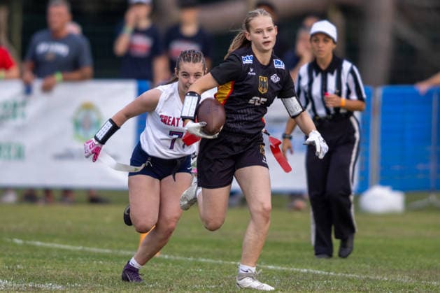 german player runs with the ball, U15 Mixed Germany vs Great Britain IFAF European Youth Championships 2026, 24.09.2026 Lido Delle Nazioni Lido Delle Nazioni Italia Copyright: xPFA BjörnxKeckerx