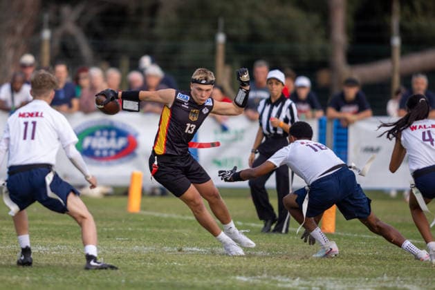 13 german player runs with the ball, U15 Mixed Germany vs Great Britain IFAF European Youth Championships 2026, 24.09.2026 Lido Delle Nazioni Lido Delle Nazioni Italia Copyright: xPFA BjörnxKeckerx