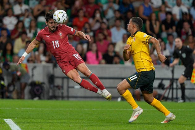 Portugal Vs Wales in Lisbon, Portugal - 24 Sep 2026 Pedro Neto of Portugal (L) and Brennan Johnson of Wales (R) seen in action during the UEFA Nations League, League A, Group A4, Matchday 1 between Portugal and Wales at Estadio Jose Alvalade. Final score: Portugal 1:0 Wales. Lisbon Portugal Copyright: xBrunoxdexCarvalhox xSOPAxImagesx brunodecarvalho_portugalwales-896