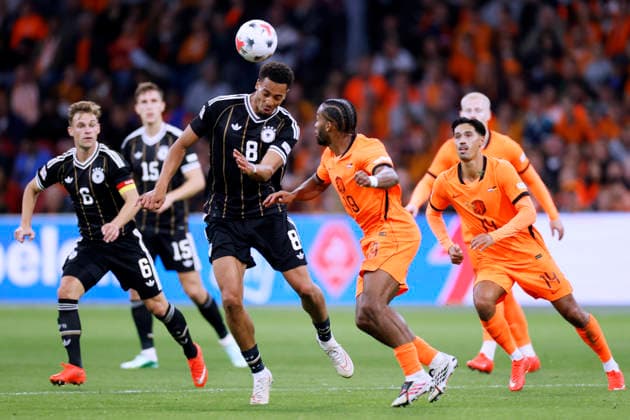 NMECHA Felix Team Deutschland mit VEERMAN UEFA Nations League 2026 - 2027 Spiel Holland - Deutschland 1 : 1 am 24.September 2026 in Amsterdam DFL REGULATIONS PROHIBIT ANY USE OF PHOTOGRAPHS as IMAGE SEQUENCES and or QUASI-VIDEO Copyright: xLacixPerenyix
