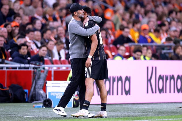 KLOPP Juergen Bundestrainer Team Deutschland bei der Auswechslung von Torschuetzen NMECHA Felix UEFA Nations League 2026 - 2027 Spiel Holland - Deutschland 1 : 1 am 24.September 2026 in Amsterdam DFL REGULATIONS PROHIBIT ANY USE OF PHOTOGRAPHS as IMAGE SEQUENCES and or QUASI-VIDEO Copyright: xLacixPerenyix
