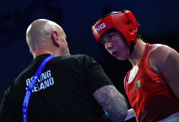 2026 European Boxing Elite Championships in Sofia Lisa O Rourke of Ireland (Red) speaks with her coach during the Women s 80kg final boxing bout at the 2026 European Boxing Elite Championships at Asics Arena in Sofia, Bulgaria on September 24, 2026. Sofia Bulgaria  Copyright: xMatrixxImagesx xVassilxDonevx