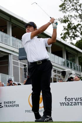 MEDINAH, IL - SEPTEMBER 24: Hideki Matsuyama of Japan watches his tee shot on No. 16 during the opening four ball session of the Presidents Cup, September 24, 2026, at Medinah Country Club in Medinah, Illinois. (Photo by Matthew Maxey Icon Sportswire) GOLF: SEP 24 Presidents Cup EDITORIAL USE ONLY Icon260924080