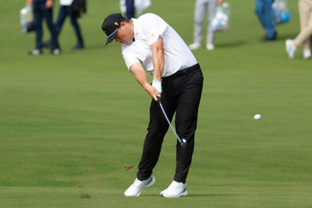 MEDINAH, IL - SEPTEMBER 24: Sungjae Im of South Korea hits from the fairway on No. 5 during the opening four ball session of the Presidents Cup, September 24, 2026, at Medinah Country Club in Medinah, Illinois. (Photo by Matthew Maxey Icon Sportswire) GOLF: SEP 24 Presidents Cup EDITORIAL USE ONLY Icon260924088
