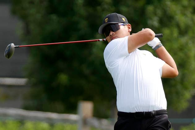 MEDINAH, IL - SEPTEMBER 24: Ryo Hisatsune of Japan watches his tee shot on No. 6 during the opening four ball session of the Presidents Cup, September 24, 2026, at Medinah Country Club in Medinah, Illinois. (Photo by Matthew Maxey Icon Sportswire) GOLF: SEP 24 Presidents Cup EDITORIAL USE ONLY Icon260924091