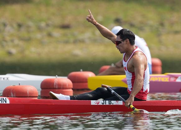 (260925) -- NAGOYA, Sept. 25, 2026 -- Ji Bowen of China celebrates after winning the men s canoe single 500m final of Canoe Sprint at the 20th Asian Games Aichi-Nagoya 2026 in Miyoshi of Aichi Prefecture, Japan, Sept. 25, 2026. ) (SP)JAPAN-NAGOYA-ASIAN GAMES-CANOE SPRINT-MEN S CANOE SINGLE 500M-FINAL ZhangxHaobo 