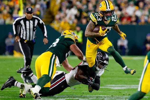 September 24, 2026: Green Bay Packers wide receiver Skyy Moore (23) runs after a catch during the NFL, American Football Herren, USA football game between the Atlanta Flacons and the Green Bay Packers at Lambeau Field in Green Bay, Wisconsin. CSM NFL 2026: Falcons Vs Packers SEP 24  - ZUMAc04_ 20260924_zma_c04_070 Copyright: xDarrenxLeex